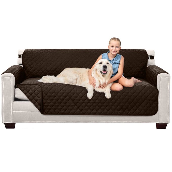 COUCH SLIP COVER WITH PATENTED STRAP LARGE CUSHION PROTECTOR REVERSIBLE STAIN AND DOG TEAR RESISTANT SLIPCOVER QUILTED MICROFIBER 70IN SEAT WASHABLE COVERS FOR DOGS PETS CHOCOLATE