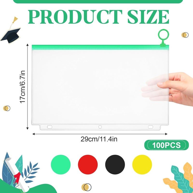 Gilprop 100 Pcs Clear Pencil Pouches for 3 Rings Binder Multi Color Pencil Case with Zipper Binder Pockets Folders Waterproof PVC Loose Leaf Bags Filling Bags for Pen Notebooks File Document - Image 2