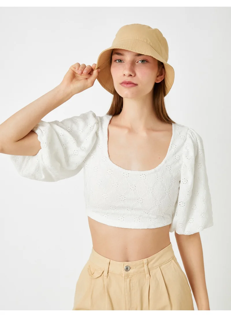 كوتون Embroidery Crop T-Shirt U Neck