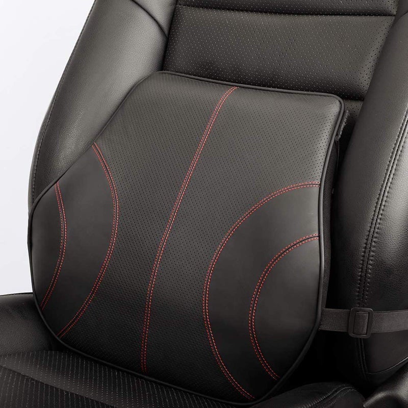 aukee Lumbar Support for Car Genuine Leather Memory Foam Pillow Lower Back Cushion for Office Chair with Adjustable Strap Black