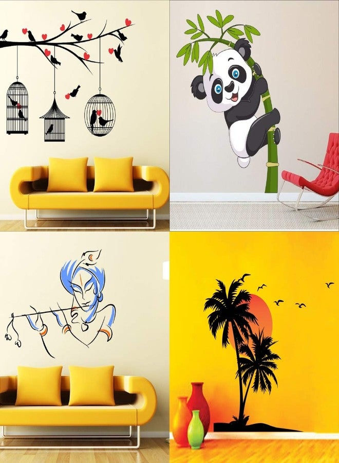 Walltech Combo of 4 Wall Sticker Love Birds with Hearts-(125 x 85 cms) | Baby Panda-(120 x 95 cms) | bansidhar-(65 x 90 cms) | Beach with Sunset-(55 x 60 cms) - Material Vinyl - Image 1