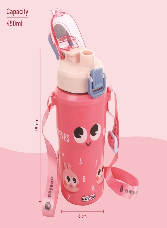 Nayasa Duo-Sip Insulated Kids Water Bottle 450ml | BPA-Free, Food Grade | Cute Bunny Print | Dual Sipping Modes | Leakproof with Strap, Handle & Neck Band - Pink - Image 5