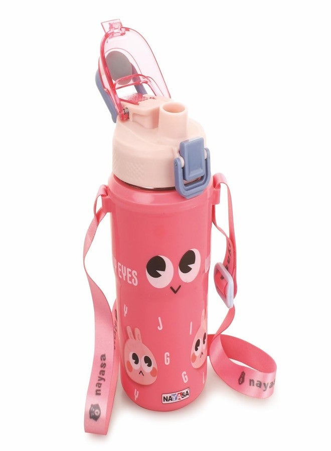 Nayasa Duo-Sip Insulated Kids Water Bottle 450ml | BPA-Free, Food Grade | Cute Bunny Print | Dual Sipping Modes | Leakproof with Strap, Handle & Neck Band - Pink - Image 1