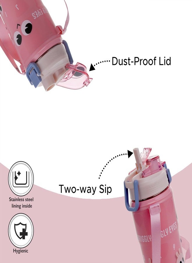 Nayasa Duo-Sip Insulated Kids Water Bottle 450ml | BPA-Free, Food Grade | Cute Bunny Print | Dual Sipping Modes | Leakproof with Strap, Handle & Neck Band - Pink - Image 4