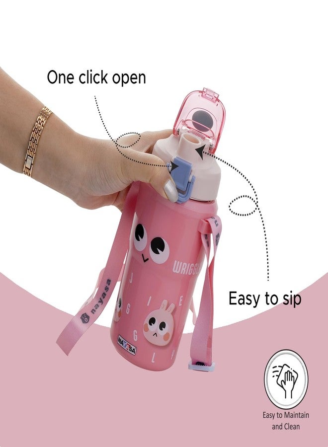 Nayasa Duo-Sip Insulated Kids Water Bottle 450ml | BPA-Free, Food Grade | Cute Bunny Print | Dual Sipping Modes | Leakproof with Strap, Handle & Neck Band - Pink - Image 2
