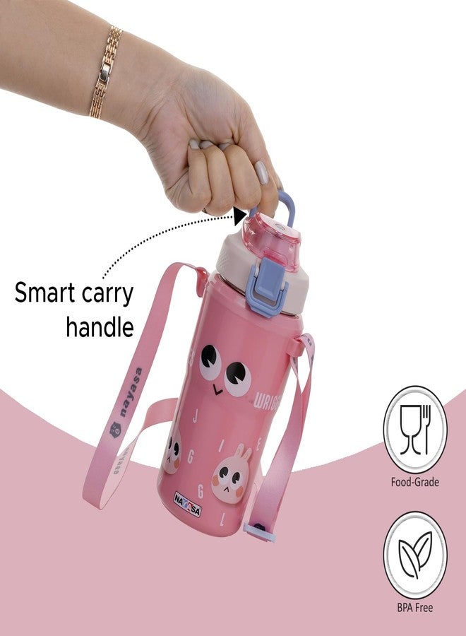 Nayasa Duo-Sip Insulated Kids Water Bottle 450ml | BPA-Free, Food Grade | Cute Bunny Print | Dual Sipping Modes | Leakproof with Strap, Handle & Neck Band - Pink - Image 3