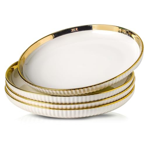 LETAOTAO Dinner Plates, Ceramic dinner Plate Set of 4, 10 inch White Serving Plates with gold trim, Stripe Texture Back, Large Pasta and Salad Plates, Dishes Set with Lipped Edges for Kitchen - Image 1