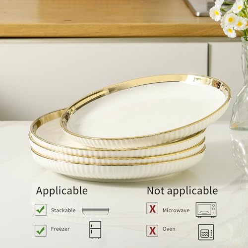 LETAOTAO Dinner Plates, Ceramic dinner Plate Set of 4, 10 inch White Serving Plates with gold trim, Stripe Texture Back, Large Pasta and Salad Plates, Dishes Set with Lipped Edges for Kitchen - Image 3