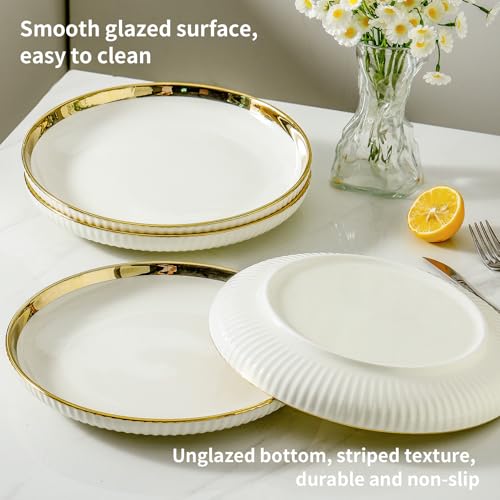 LETAOTAO Dinner Plates, Ceramic dinner Plate Set of 4, 10 inch White Serving Plates with gold trim, Stripe Texture Back, Large Pasta and Salad Plates, Dishes Set with Lipped Edges for Kitchen - Image 4