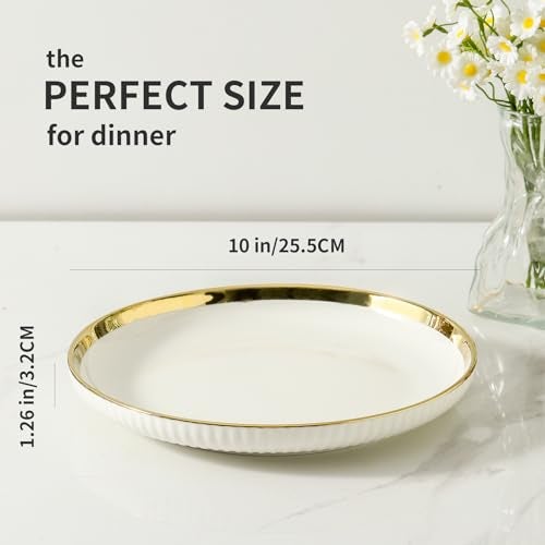 LETAOTAO Dinner Plates, Ceramic dinner Plate Set of 4, 10 inch White Serving Plates with gold trim, Stripe Texture Back, Large Pasta and Salad Plates, Dishes Set with Lipped Edges for Kitchen - Image 2