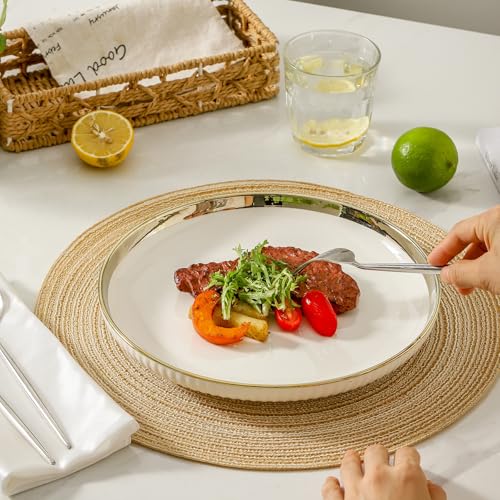 LETAOTAO Dinner Plates, Ceramic dinner Plate Set of 4, 10 inch White Serving Plates with gold trim, Stripe Texture Back, Large Pasta and Salad Plates, Dishes Set with Lipped Edges for Kitchen - Image 5