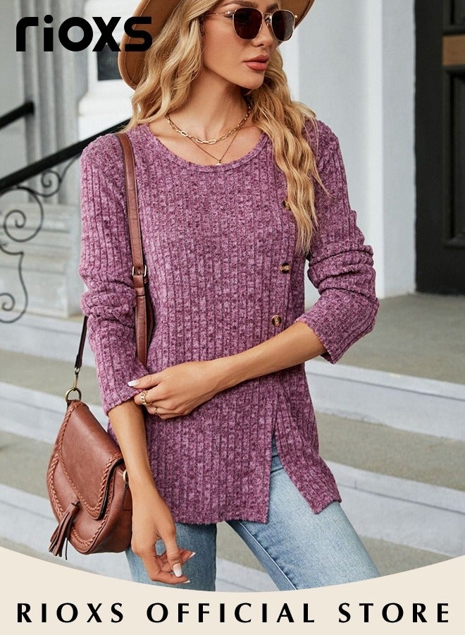 RIOXS Women's Casual Comfortable Warm Sweater, Round Neck Long Sleeve Pullover Shirt with Split Hem Design, Soft and Comfortable Top for Spring, Fall and Winter, Easy to Match, Suitable for Most Lady's Body Shapes  - Image 5