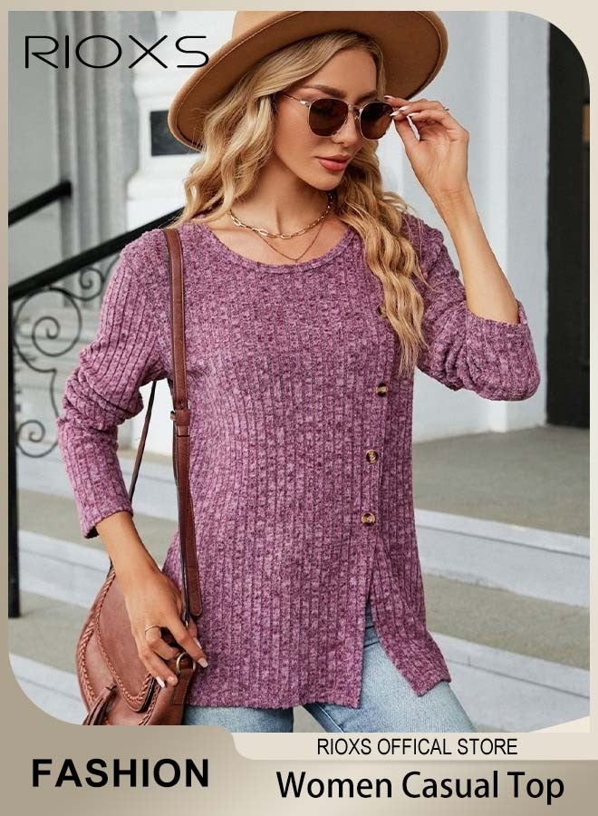 RIOXS Women's Casual Comfortable Warm Sweater, Round Neck Long Sleeve Pullover Shirt with Split Hem Design, Soft and Comfortable Top for Spring, Fall and Winter, Easy to Match, Suitable for Most Lady's Body Shapes  - Image 1