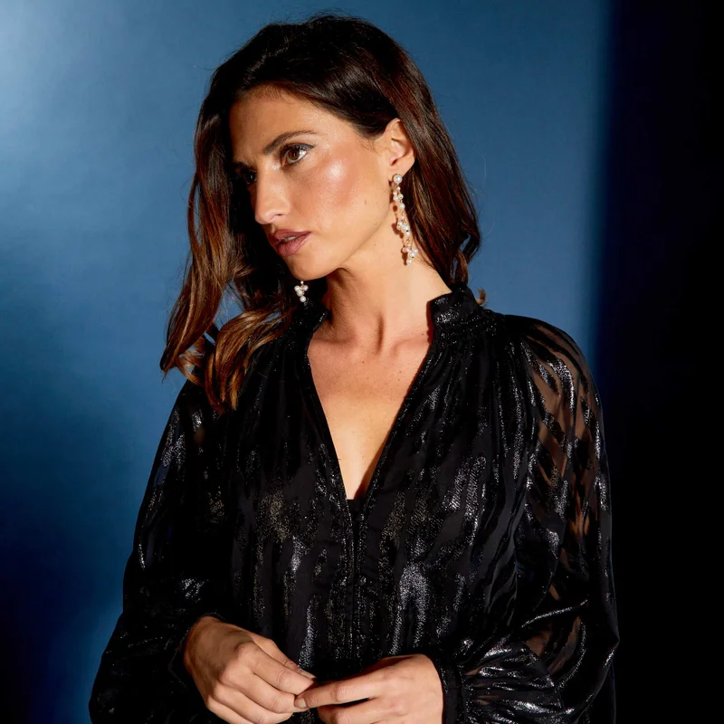 Kiabi  Iridescent Buttoned Blouse With V-Neck Black for Women | Best Price UAE