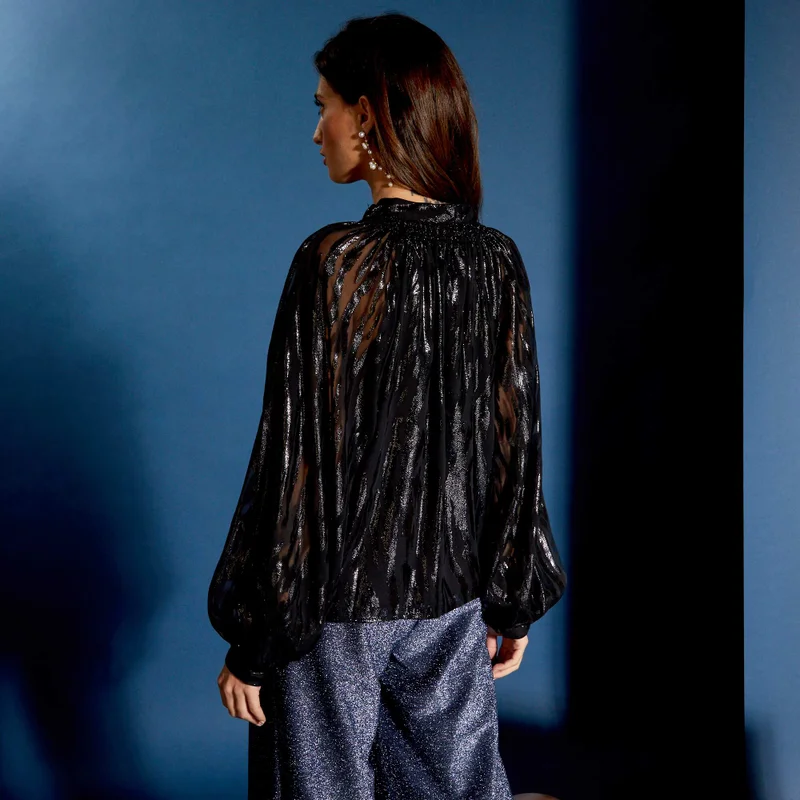 Kiabi  Iridescent Buttoned Blouse With V-Neck Black for Women | Best Price UAE