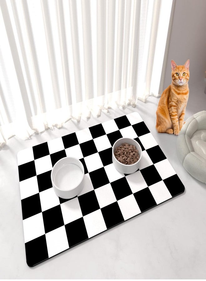 BLESWIN Pet Feeding Mat, 16"x 24" Absorbent Dog Food Mat, Checkered Cat Bowl Mats, Easy to Clean Pet Placemats, Quick Dry Dog Water Dispenser Mats for Messy Drinkers, Black & White - Image 1
