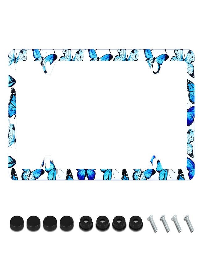 UNINDREM Butterfly License Plate Frame Blue Butterfly Print License Plate Holder Stainless Steel Rust-Proof Auto Parts Decoration with Screws for Men Women License Plate Cover 4 Holes 1pcs - Image 1