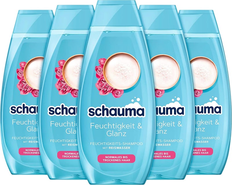 Schauma Moisturising Shampoo Moisture Shine 5 x 400 ml Hair Shampoo with Rice Water Gently Cleanses the Scalp Shampoo for Shiny Healthy Looking Hair