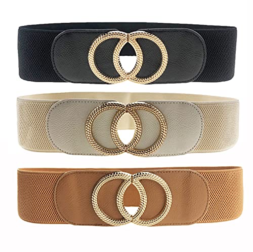 Swtddy 3 Pack Womens Vintage Wide Elastic Stretch Waist Belt For Dresses (Golden O Design Black+Beige+Camel, Suit For Waist Size 27"-35") - Image 1