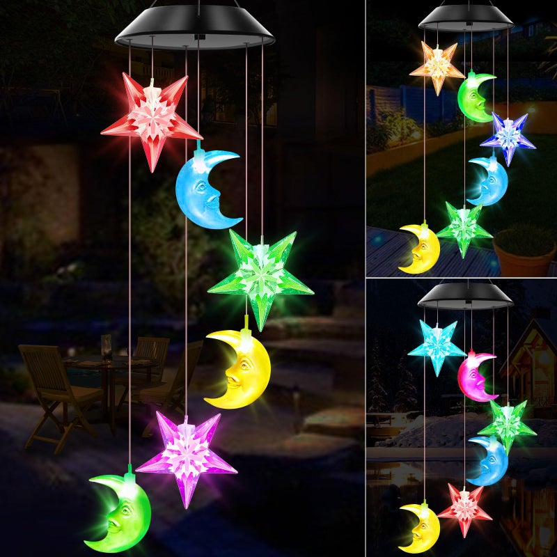WENANA Solar Wind Chimes Outdoor Color Changing Lights, Gift for Women Mom Grandma Sister Best Gifts, Wind Chimes Unique Outdoor Garden Yard Decor (Star and Moon) - Image 1