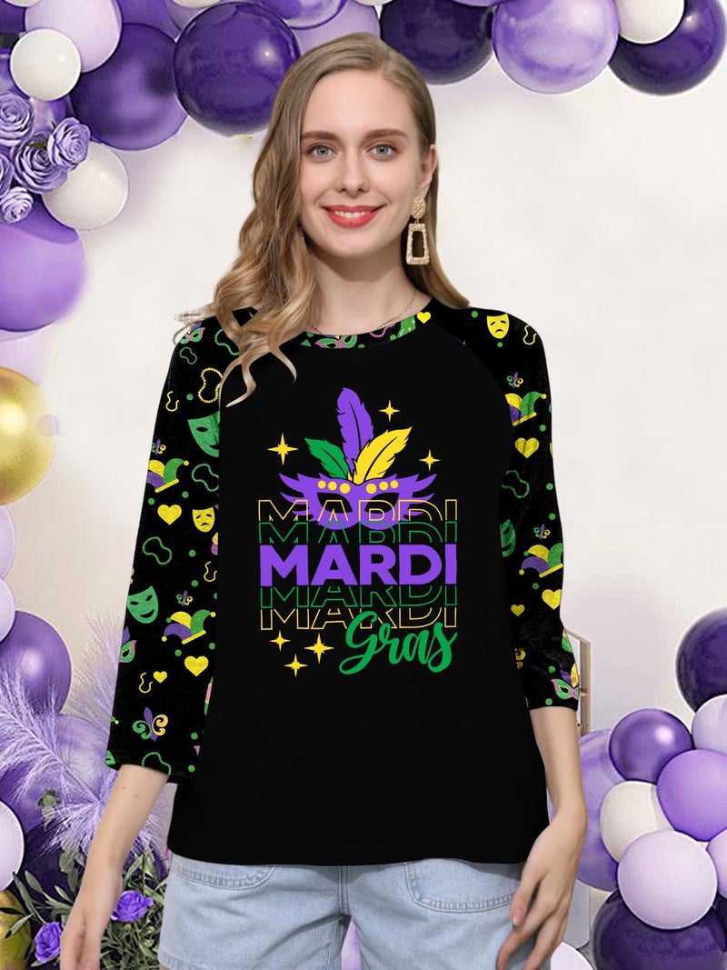 CAZYCHILD Mardi Gras Shirts for Women: Carnival Graphic 3/4 Sleeve New Orleans Mardi Gras Party Outfits Fat Tuesday Tops - Image 2
