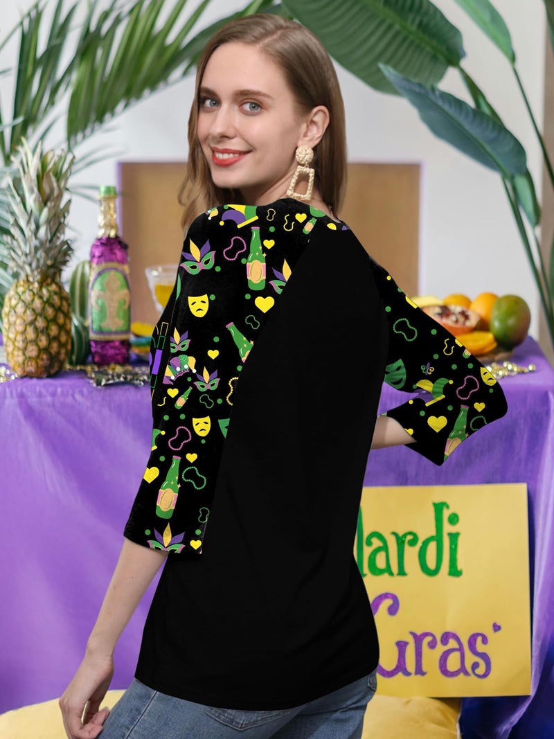 CAZYCHILD Mardi Gras Shirts for Women: Carnival Graphic 3/4 Sleeve New Orleans Mardi Gras Party Outfits Fat Tuesday Tops - Image 4