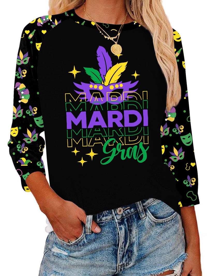 CAZYCHILD Mardi Gras Shirts for Women: Carnival Graphic 3/4 Sleeve New Orleans Mardi Gras Party Outfits Fat Tuesday Tops - Image 1