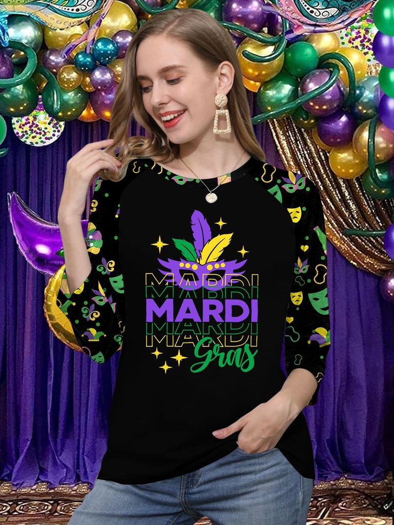 CAZYCHILD Mardi Gras Shirts for Women: Carnival Graphic 3/4 Sleeve New Orleans Mardi Gras Party Outfits Fat Tuesday Tops - Image 3