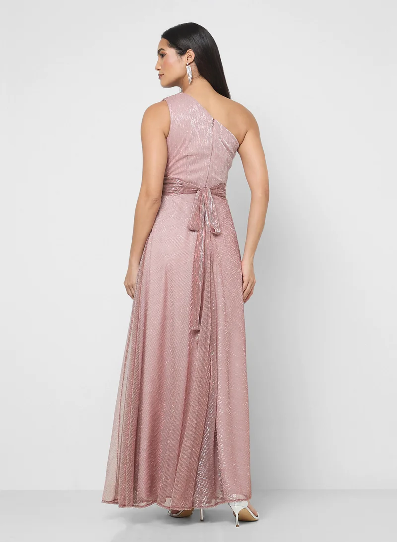 Namshi x One Shoulder Ruched Shimmer Pleated Dress