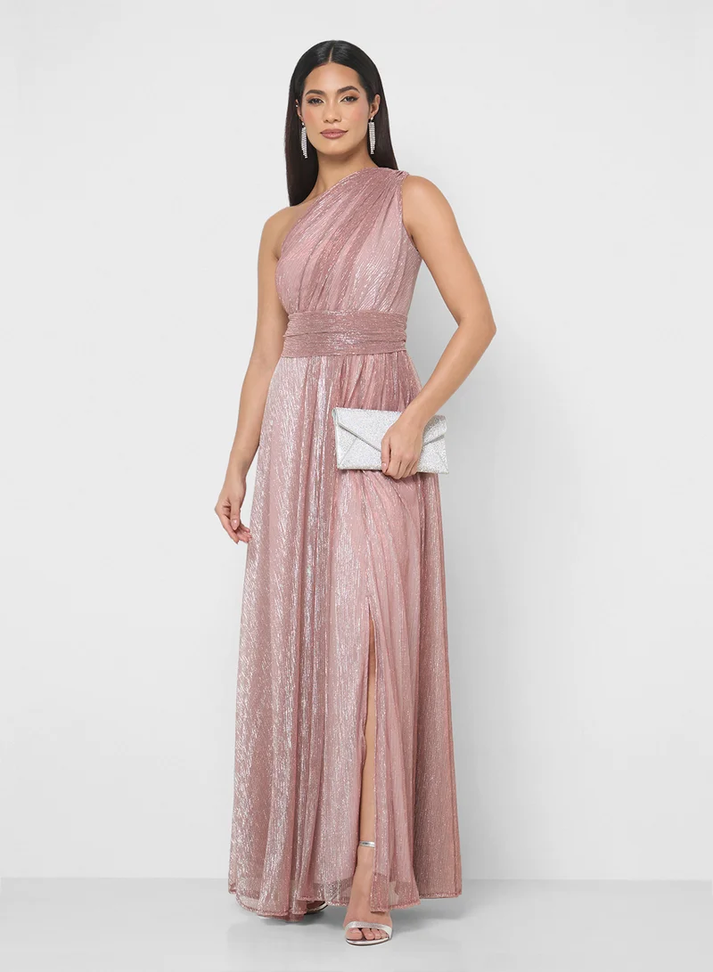 Namshi x One Shoulder Ruched Shimmer Pleated Dress