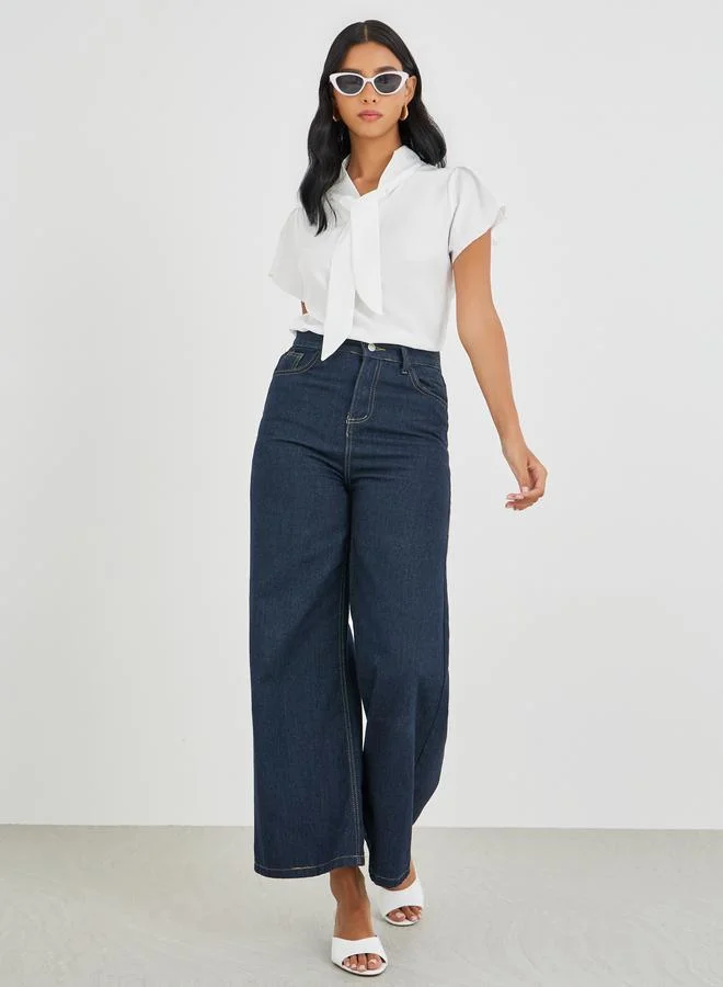 تايك تو Take Two Solid Tie Up Neck Short Sleeve Blouse