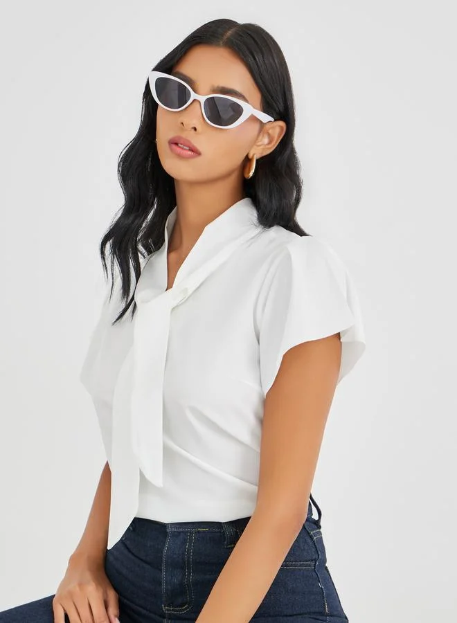 Take Two Take Two Solid Tie Up Neck Short Sleeve Blouse