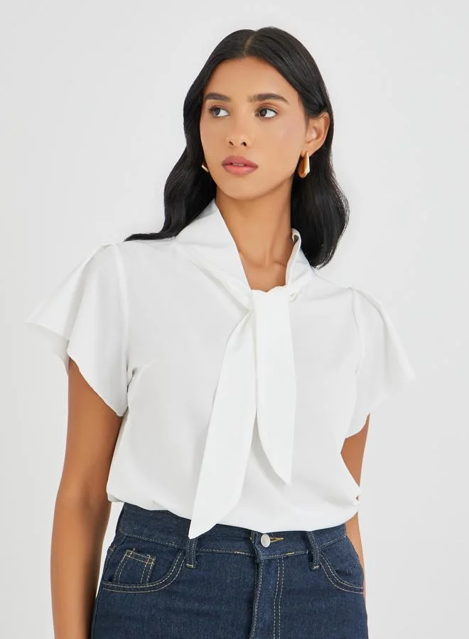 Take Two Take Two Solid Tie Up Neck Short Sleeve Blouse