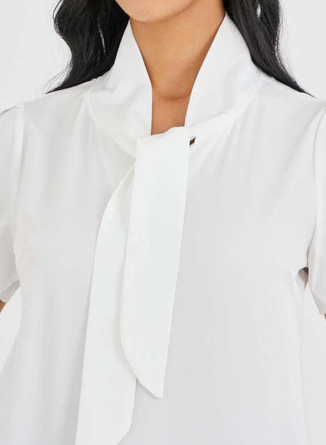 Take Two Take Two Solid Tie Up Neck Short Sleeve Blouse