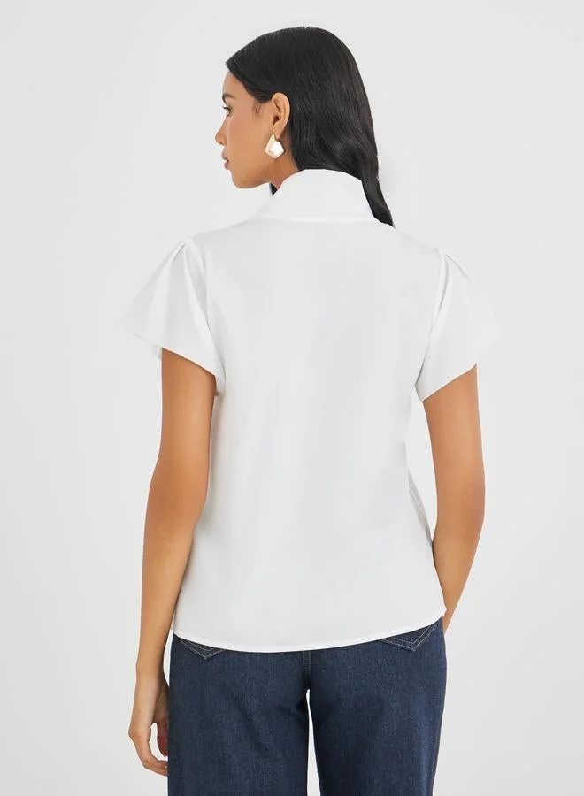 Take Two Take Two Solid Tie Up Neck Short Sleeve Blouse