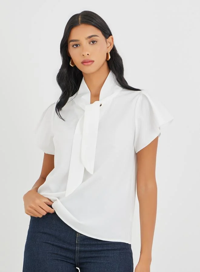 Take Two Take Two Solid Tie Up Neck Short Sleeve Blouse