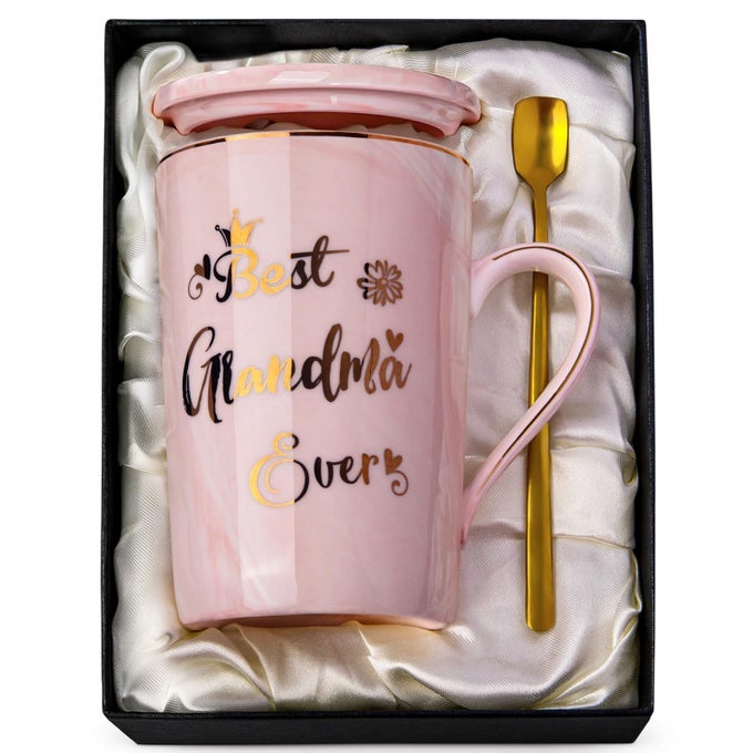 GRANDMA GIFTS GRANDMA BIRTHDAY GIFTS FOR NANA NAN GRANNY GRAN GIFT 14OZ PINK CERAMIC COFFEE MUG GIFT FROM GRANDDAUGHTER GRANDSON WITH SPOON LID CARD NICE BOX