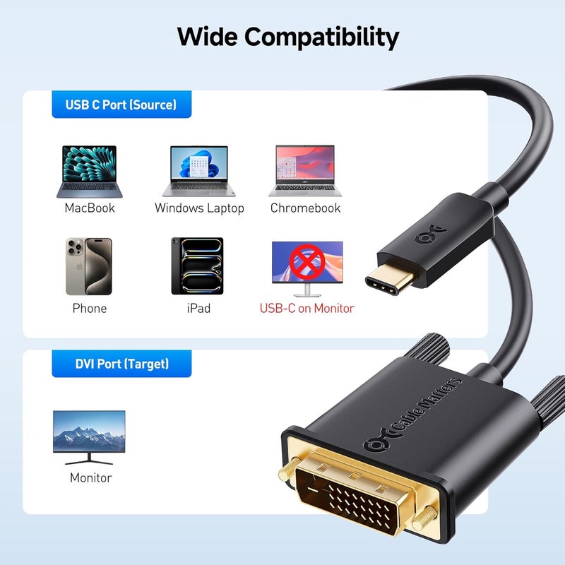 CableMatters USB C to DVI Cable (USB-C to DVI Cable) 6 ft - Thunderbolt 4 / USB4 / Thunderbolt 3 Port Compatible with MacBook Pro, Dell XPS 13, 15, HP Spectre x360, Surface Pro - Image 5