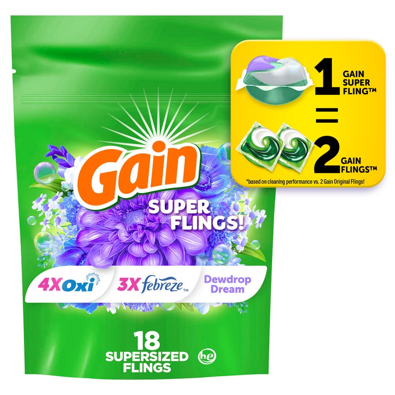 غسل Gain سوبر سايزد فلينغز مسحوق غسيل 18 حبة برائحة حلم الندى