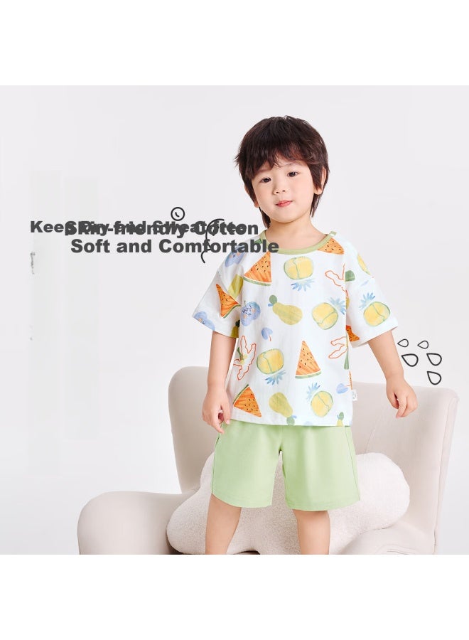Yuzhaolin Boys' Summer Thin Cotton Short Sleeve Pajamas Set Children'S Home Wear For Middle And Small Kids Air-Conditioned Clothing Fruit Paradise - Image 1