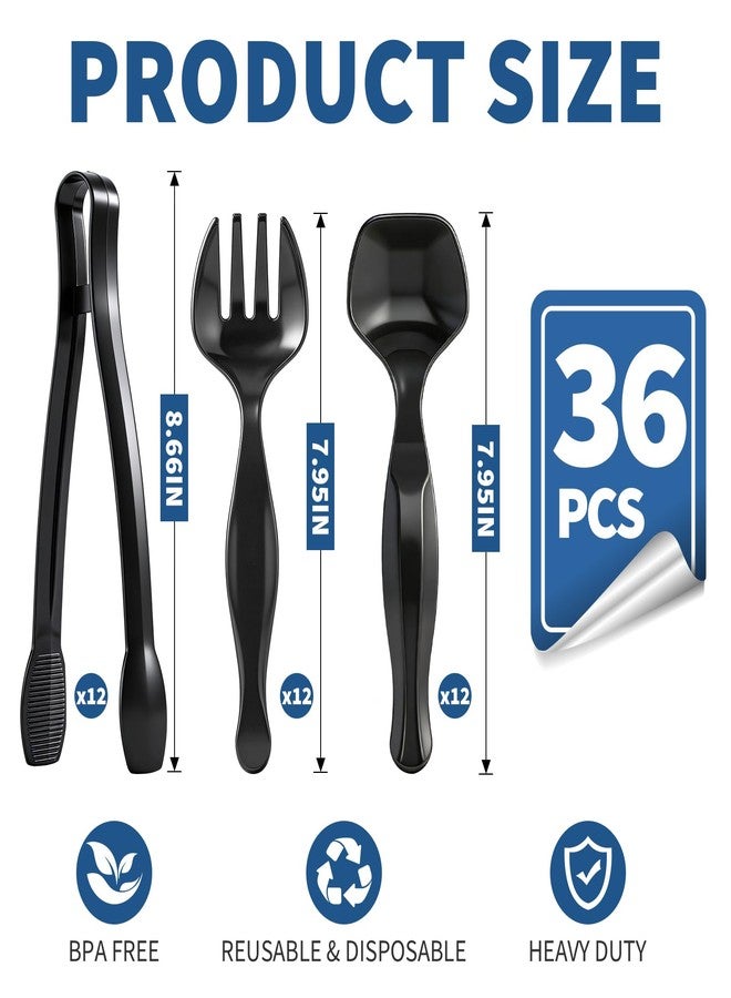 OAKDOLCHE 36 Pcs Plastic Serving Utensils Set, 9'' Heavy Duty Disposable Serving Spoons, Forks & Tongs, Large Black Party Serving Supplies for Buffet, Restaurant, Catering, Salad, Pasta & Soup - Image 2