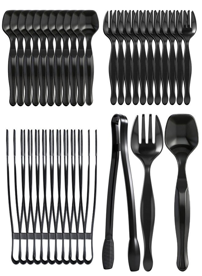 OAKDOLCHE 36 Pcs Plastic Serving Utensils Set, 9'' Heavy Duty Disposable Serving Spoons, Forks & Tongs, Large Black Party Serving Supplies for Buffet, Restaurant, Catering, Salad, Pasta & Soup - Image 1