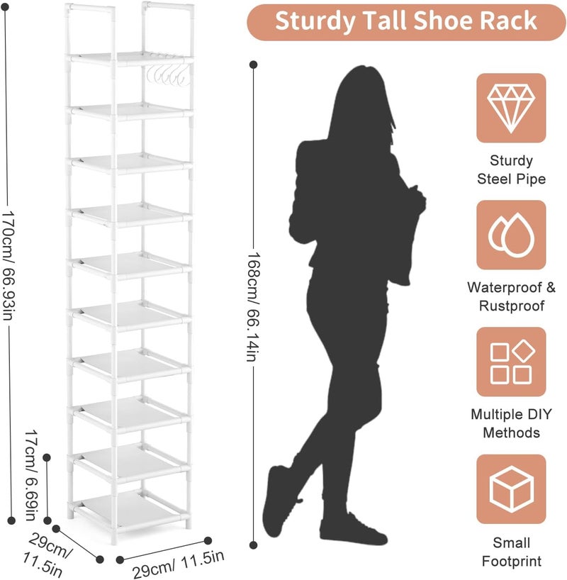 LANTEFUL Tall Narrow Shoe Rack 10-Tier Skinny Shoe Shelf Storage for 10-15 Pairs Shoes and Boots, Space Saving Corner Shoe Rack Organizer for Closet, Entryway, Garage, Living Room,White - Image 2