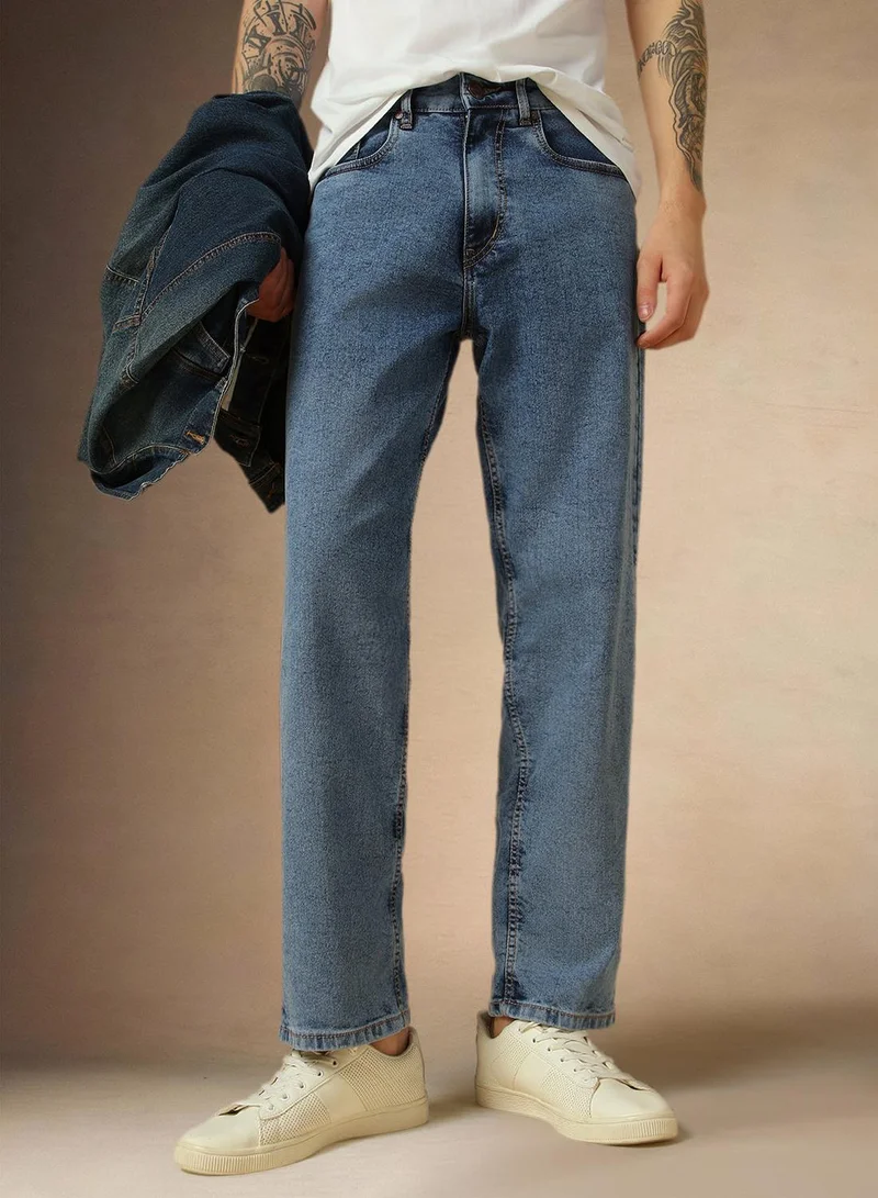 Dennis Lingo Men's Light Blue Cotton Blend Washed Full Length Loose Jeans