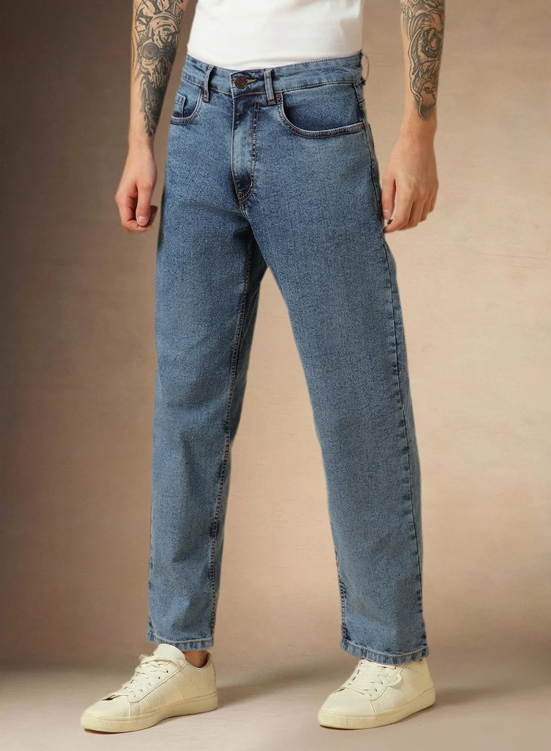 Dennis Lingo Men's Light Blue Cotton Blend Washed Full Length Loose Jeans