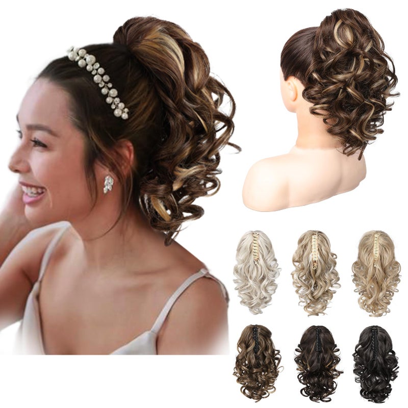 REECHO 12" Ponytail Extension, Classic Loose Curly Wavy Claw Clip Pony tails Hair Extensions Hairpieces for Women - Chestnut Brown with Highlights - Image 1