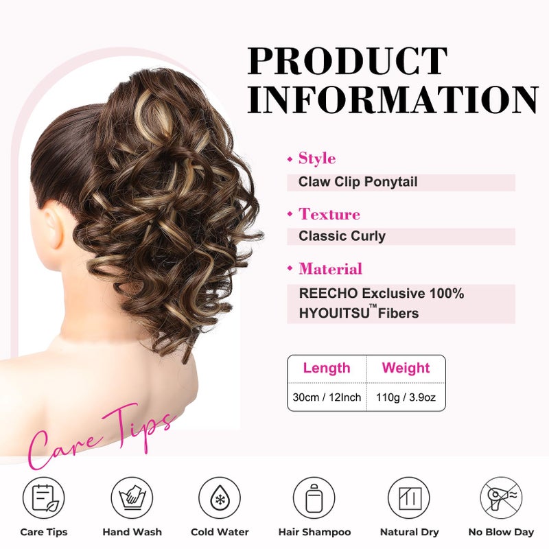 REECHO 12" Ponytail Extension, Classic Loose Curly Wavy Claw Clip Pony tails Hair Extensions Hairpieces for Women - Chestnut Brown with Highlights - Image 2