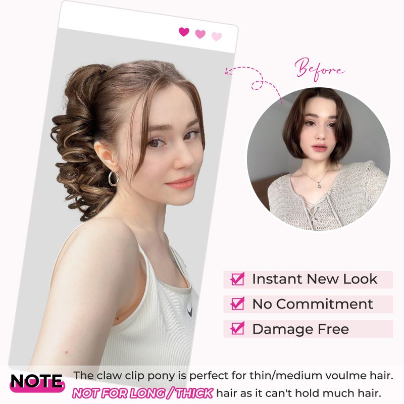 REECHO 12" Ponytail Extension, Classic Loose Curly Wavy Claw Clip Pony tails Hair Extensions Hairpieces for Women - Chestnut Brown with Highlights - Image 3