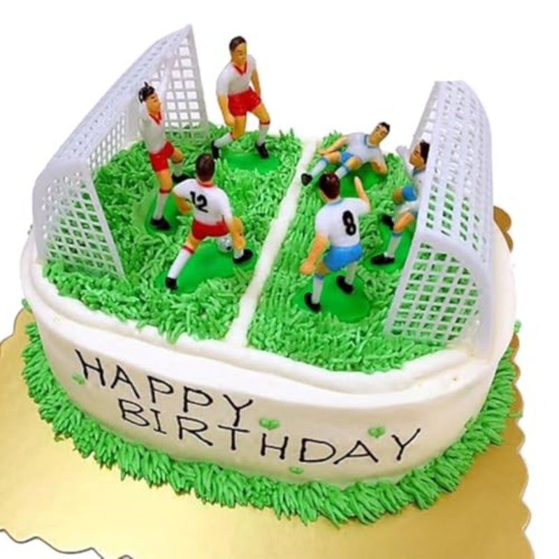 Football Cake Topper Set, Cake Topper with 6 Soccer Player Figures and 2 Goals Creative Sports Themed Birthday Decoration for Boys Non-Edible Soccer Party Decor - Image 1