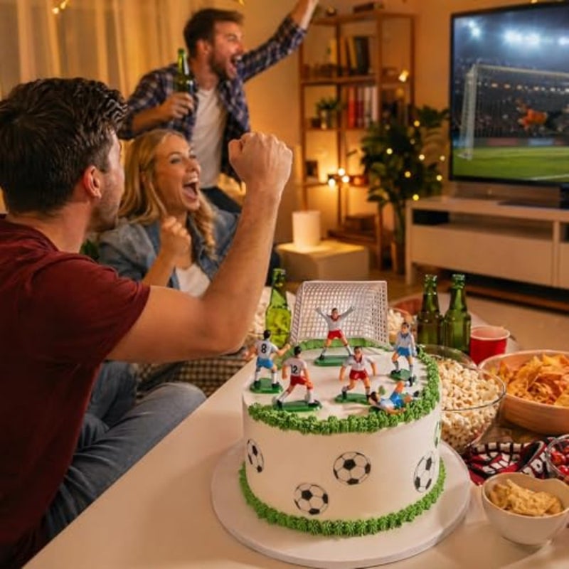 Football Cake Topper Set, Cake Topper with 6 Soccer Player Figures and 2 Goals Creative Sports Themed Birthday Decoration for Boys Non-Edible Soccer Party Decor - Image 2